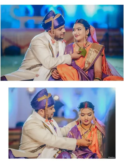 A collage of moments from a wedding ceremony, showing the couple's interactions during the rituals.