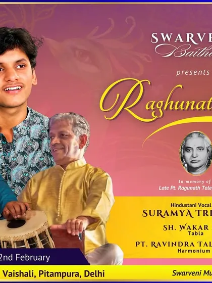A poster highlighting the performance of Suramya Tripathi at our 'Raghunathanjali' event, representing the next generation of our musical family.