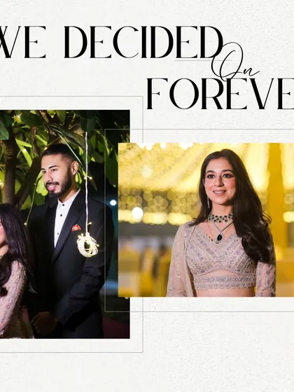 "We Decided On Forever." A beautiful collage celebrating the couple's engagement, combining a formal portrait with a more candid shot to tell the story of their commitment.