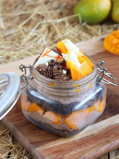 A rich and decadent Mango Chocolate Jar Cake, combining tropical sweetness with deep chocolate flavour.