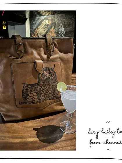 The Lazy Hailey tote becomes a canvas for Gond art. Our patron Smitha sent us this lovely photo of her bag, featuring a hand-painted owl motif on a rich Mustard leather. It’s a perfect blend of everyday utility and unique artistry.