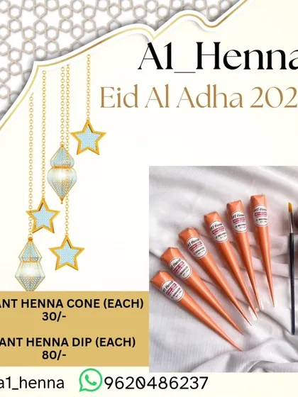 A promotional image showing the prices for my instant henna cones and instant henna dip, perfect for your Eid preparations.