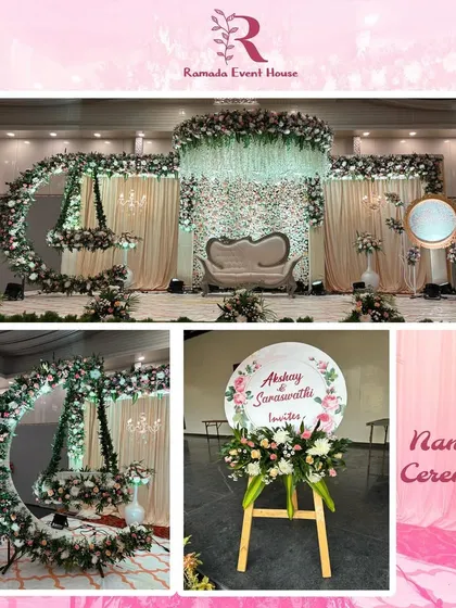 A collage of a lovely naming ceremony for Akshay and Saraswathi's child. It showcases the floral moon cradle, the main stage with a flower wall, and the personalized welcome sign, giving a complete look at the event's decor.