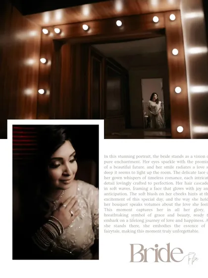 A collage showing Shalini in her getting-ready room, with a close-up of her happy face and a reflection in the vanity mirror.