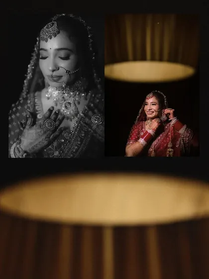 An artistic collage combining a black and white portrait with a color shot, creatively framed to draw attention to the bride's happy expression.