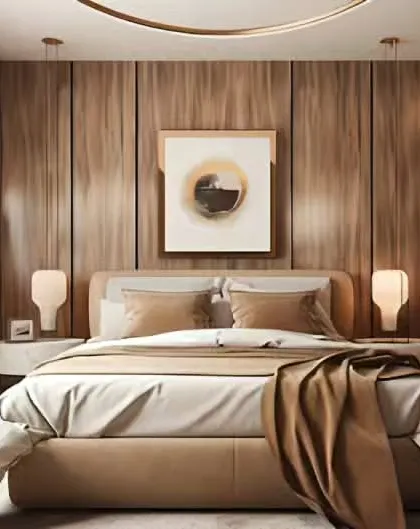 This bedroom is wrapped in warm, vertical wood paneling, creating a cozy, cabin-like feel. The design is accented with modern art and lighting, blending rustic texture with contemporary style.