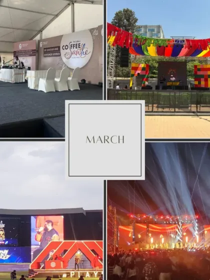 Our March highlights, featuring the massive stage for the 'Ipl Play' event, a coffee festival, and a colorful outdoor DJ setup.