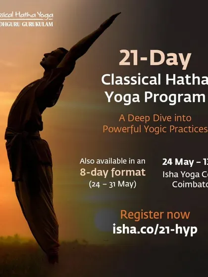 For those seeking a profound immersion, the 21-day program at the Isha Yoga Center is a life-transforming experience. This image of a yogi greeting the sun captures the deep connection that these practices foster.