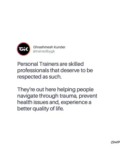 Personal trainers are skilled professionals who help people navigate health issues, prevent future problems, and experience a better quality of life. We deserve to be respected for the positive impact we have.