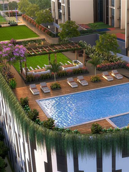 The podium-level rooftop amenity deck for the Skyline project, featuring a swimming pool, lounge area, and extensive green landscaping.