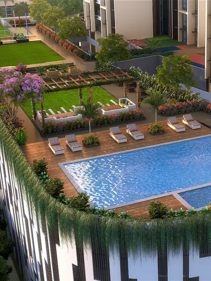 The podium-level rooftop amenity deck for the Skyline project, featuring a swimming pool, lounge area, and extensive green landscaping.
