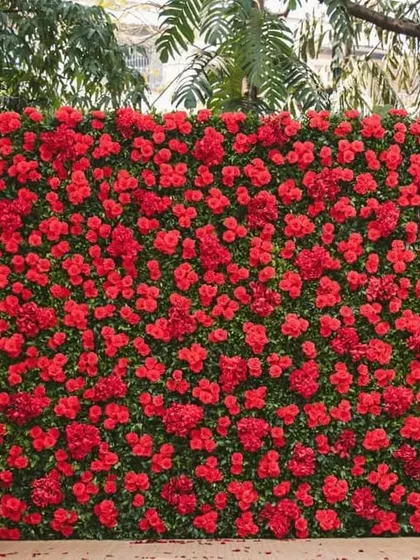 A full view of the vibrant red floral wall. This type of installation serves as a perfect branded photo backdrop, encouraging social sharing and leaving a lasting visual impression on guests at any conference or product launch.