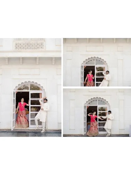 A series of three images showing the progression of a playful moment. This collage format is a great way to showcase the fun and dynamic energy of a couple's interaction during their shoot.
