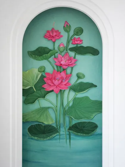 Designed for a sacred space, this 3D lotus mural is set within an arched niche to create a feeling of peace and serenity. The vibrant colors and sculpted petals are designed to interact with light, bringing a sense of calm to the room.