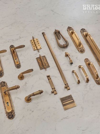 The complete Mumtaz Collection laid out, showcasing the variety of pieces available. This allows designers to carry a consistent, luxurious aesthetic from the front door to every cabinet and interior door.