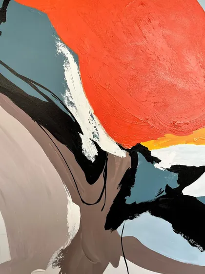 Another close-up of the 'Colour Cluster' canvas, focusing on the dynamic interaction between the sweeping black lines and the blocks of vibrant color.