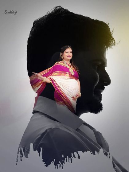 An artistic double exposure that blends a silhouette of the father's profile with a full-color image of the mother-to-be. This creative shot symbolizes their shared journey.