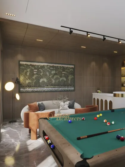 This view highlights the sophisticated material palette of dark wood paneling, marble floors, and modern art, creating a refined atmosphere for entertainment.