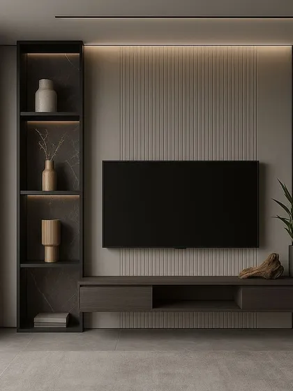 A moody and sophisticated TV unit design with a dark, textured back panel and a floating console. An integrated vertical shelf with backlighting provides a stylish space for displaying decorative items.