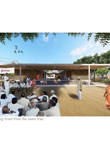 Our competition entry for a community center in Andhra Pradesh, viewed from the shade of a neem tree. The design centers on a large, welcoming courtyard, a traditional feature of tropical Indian architecture that fosters interaction and provides a cool, protected space for community activities.