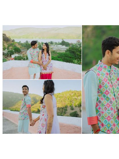 A collage of romantic moments from a pre-wedding shoot in Rajasthan, set against a scenic natural backdrop.