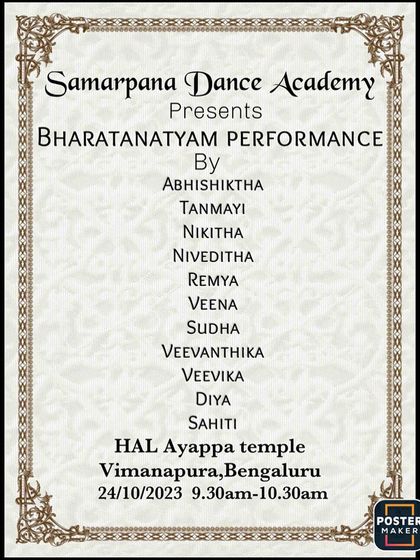 An invitation for our academy's performance at the HAL Ayyappa Temple for Vijayadashami. We encourage students to perform in various settings, including traditional temple venues.