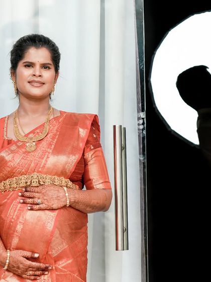 Another example of our creative composite photography. A classic portrait of the mom-to-be is paired with a dramatic silhouette of the couple, offering a unique visual story.