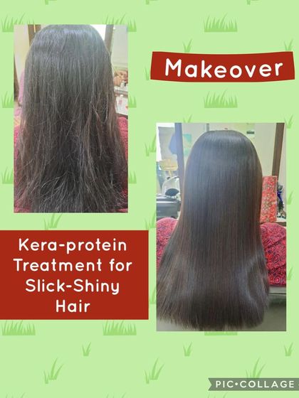 We used a Kera-Protein treatment to give this client slick, shiny hair. This is a great example of how the treatment transforms hair, making it look and feel healthier.