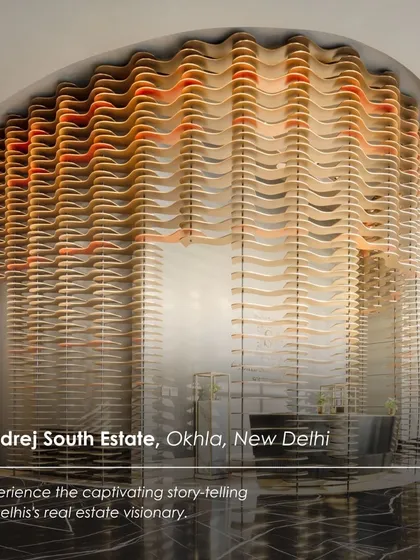 A closer look at the Godrej South Estate Experience Centre, showcasing the impressive scale and intricate detail of the reception facade. The design tells a story of innovation and luxury.