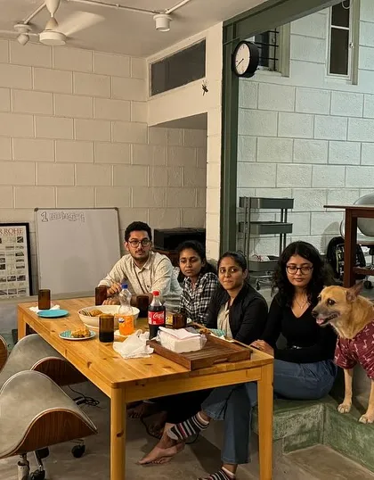 The gang. A casual moment at the studio with our team and our furry supervisor. A collaborative and fun environment is key to our creative process.