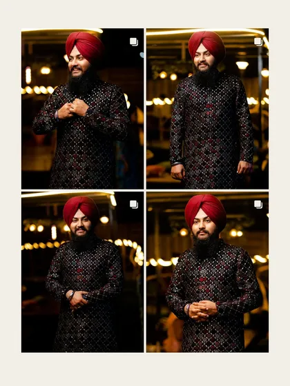 A collage of portraits from the Jaggo night, showcasing the groom's festive attire against a backdrop of beautiful bokeh lights.