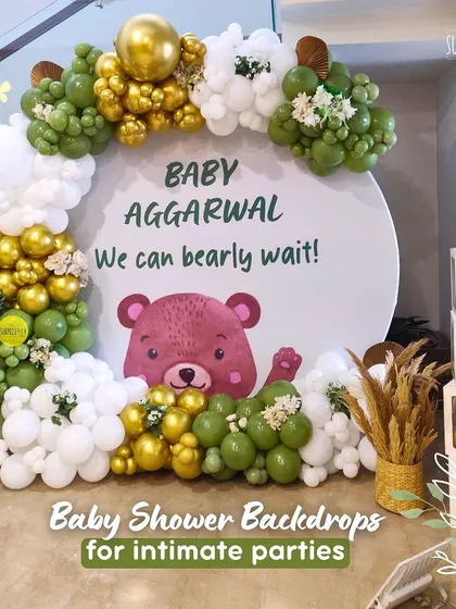 We can bearly wait! This adorable teddy bear themed baby shower backdrop is perfect for an intimate celebration. We used a soft, earthy palette of olive green, gold, and white balloons to create a warm and welcoming atmosphere for the parents-to-be.