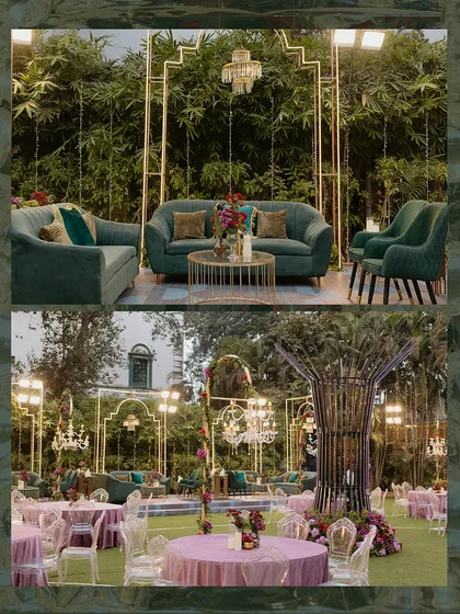 An elegant outdoor Sangeet lounge setup. The combination of green velvet sofas, gold-framed furniture, and soft lighting against a backdrop of natural bamboo creates a sophisticated and inviting atmosphere.