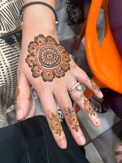 A simple mandala design on the back of the hand with minimal finger details.