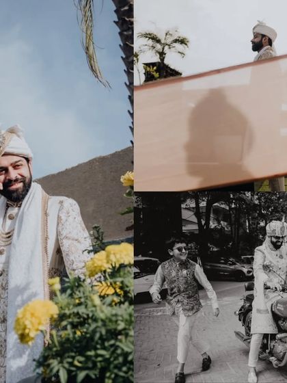 A collage of the groom, Nitin, looking dapper and having fun on his wedding day, including his cool entry on a Royal Enfield.