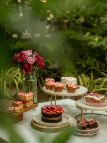 An outdoor picnic setup for a Valentine's Day collection from a home bakery. The natural light and garden setting create a romantic and dreamy atmosphere for these cakes and cupcakes.
