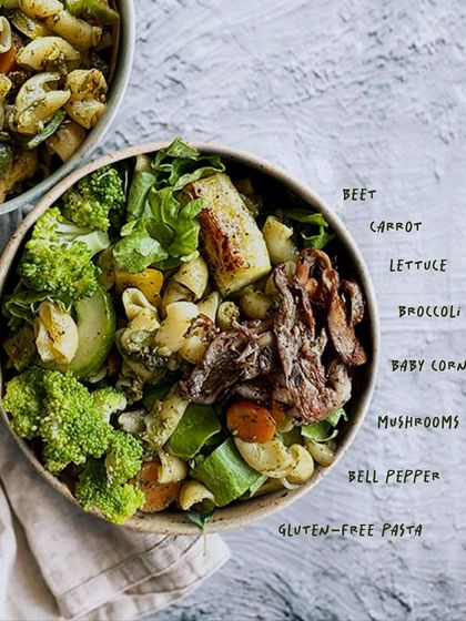 Here’s a closer look at what makes our pesto pasta salad so special. We use gluten-free pasta and load it with beet, carrot, lettuce, broccoli, baby corn, mushrooms, and bell pepper for a nutritious and flavorful meal.