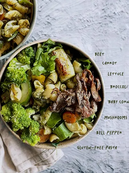 Here’s a closer look at what makes our pesto pasta salad so special. We use gluten-free pasta and load it with beet, carrot, lettuce, broccoli, baby corn, mushrooms, and bell pepper for a nutritious and flavorful meal.