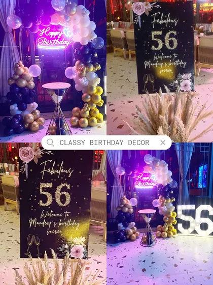 This collage provides a complete look at a classy 'Fabulous 56' birthday party. It shows the personalized welcome sign, the main backdrop with balloons and neon, and the elegant pampas grass details.