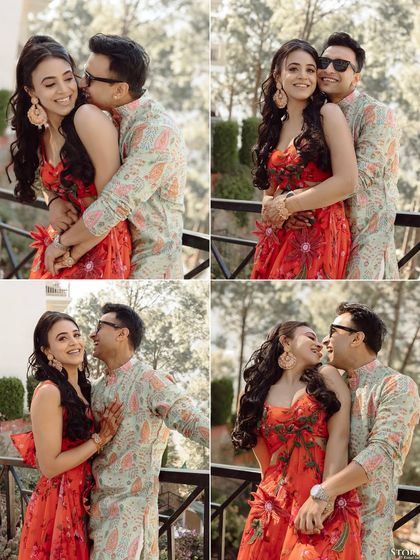 A collage of playful and romantic moments between the couple against a scenic mountain backdrop.