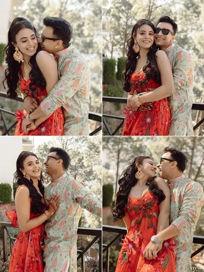 A collage of playful and romantic moments between the couple against a scenic mountain backdrop.
