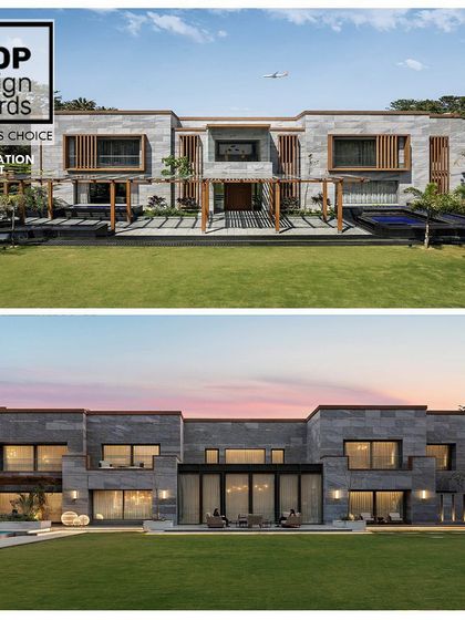 Our farmhouse renovation project was recognized by the LOOP Design Awards. This image contrasts the day and night views of the facade, showcasing its architectural versatility.