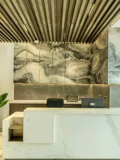 A reception area should set the tone for productivity and creativity. This space welcomes you with a striking marble desk and a dramatic feature wall, balanced by a slatted wood ceiling, creating an environment where personality and professionalism shine through.