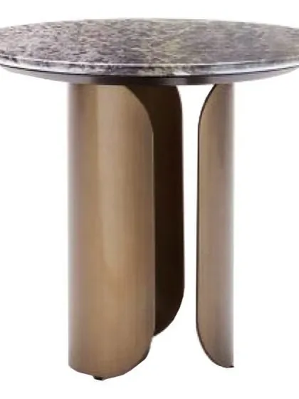 The Vida side table shown with a unique green-veined stone top, showcasing how different materials can change the character of this modern, sculptural design.