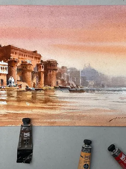 A small watercolour sketch of the ghats in Varanasi. I used Supervision watercolours to capture the warm, evening light.