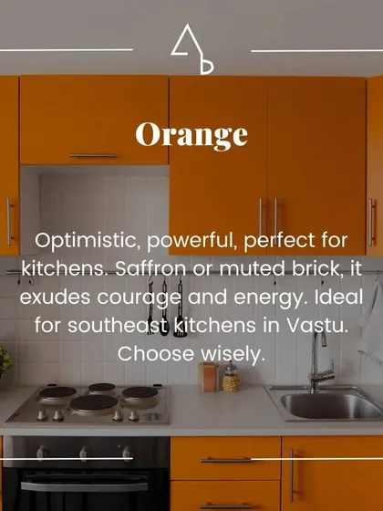 An infographic explaining the use of orange in kitchen design, particularly in relation to Vastu. Whether as a bold saffron or a muted brick, it's a color that exudes energy and courage.