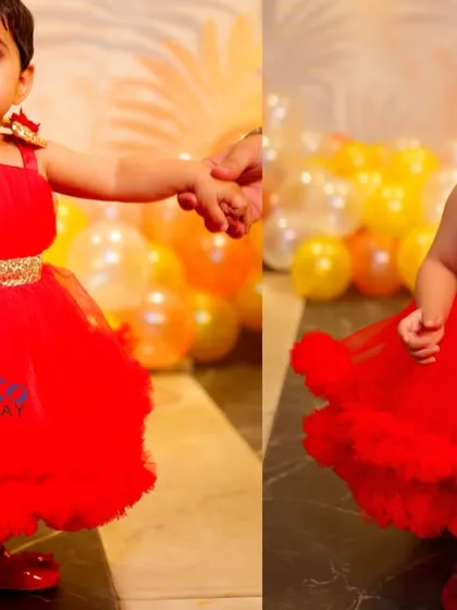 Two shots of the little girl in her red dress, one showing her holding a hand for support and the other a candid moment of her looking around.