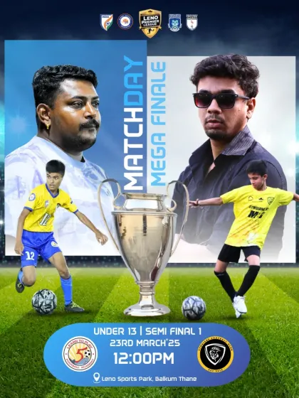 The official matchday graphic for the U13 semi-final, pitting our team against Symbians FC for a place in the Mega Finale.