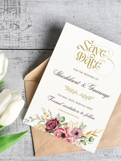 A beautiful e-invitation with a pastel floral motif. This Save the Date for Shashikant and Gaurangi combines elegant script with a delicate watercolor floral arrangement for a modern and romantic feel.