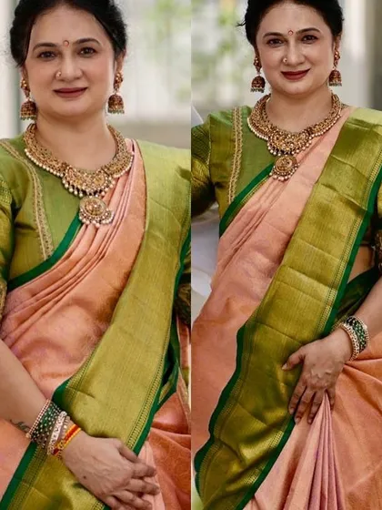 This collage shows the beautiful contrast between the pale orange body and the rich green border of the saree, a truly regal combination.